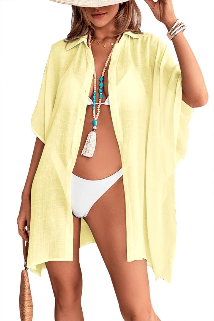 Womens Swimsuit Cover Up Shirts Oversized Beach Bikini Bathing Suit Coverups Beachwear Button Up (Yellow), Oversized