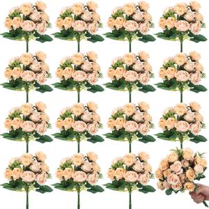 Zeyune 16 Bunches 12 Inch Artificial Mini Rose Bouquet 160 Heads Bridal Flower Bouquets Fake Silk Rose Bulk for Valentine's Day Wedding Bridal Shower Home Office Garden(Champagne)