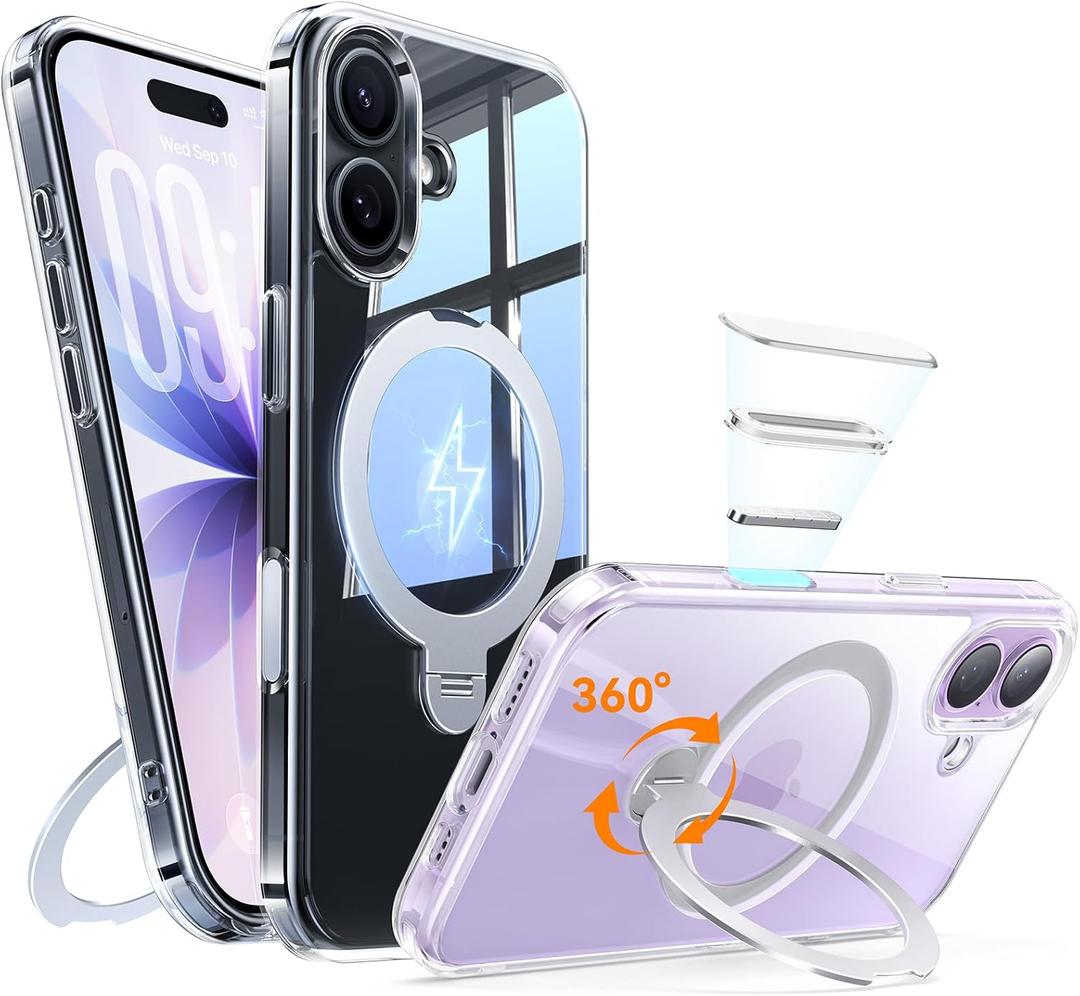 for iPhone 17 Case: with 360 Spin Magnetic Stand, Camera Control Button, Fit for MagSafe, Military Drop Protection, Protective Slim Phone Cover for iPhone17 with Ring Kickstand, 6.3", Clear