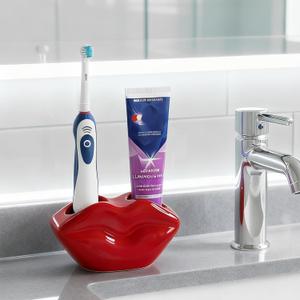 Lip-Shaped Ceramic Toothbrush Holder, Red Electric Toothbrush & Toothpaste Stand with Drain Hole, 2-Slot Bathroom Countertop Organizer for Vanity Decor