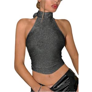 SweatyRocks Women's Glitter Halter Crop Tops Backless Ruhced Going Out Party Sexy Top Clubwear (Black), Size: Small