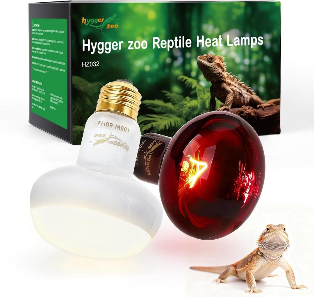 Reptile Heat Lamp Bulbs, 2 Pack 100W Reptile Heat Bulbs UVA Daylight Basking Bulb and Infrared Heat Lamp Red Night Light Bulb Combo for Bearded Dragon Chameleon Turtle Snake Gecko Lizard Chicken Tank