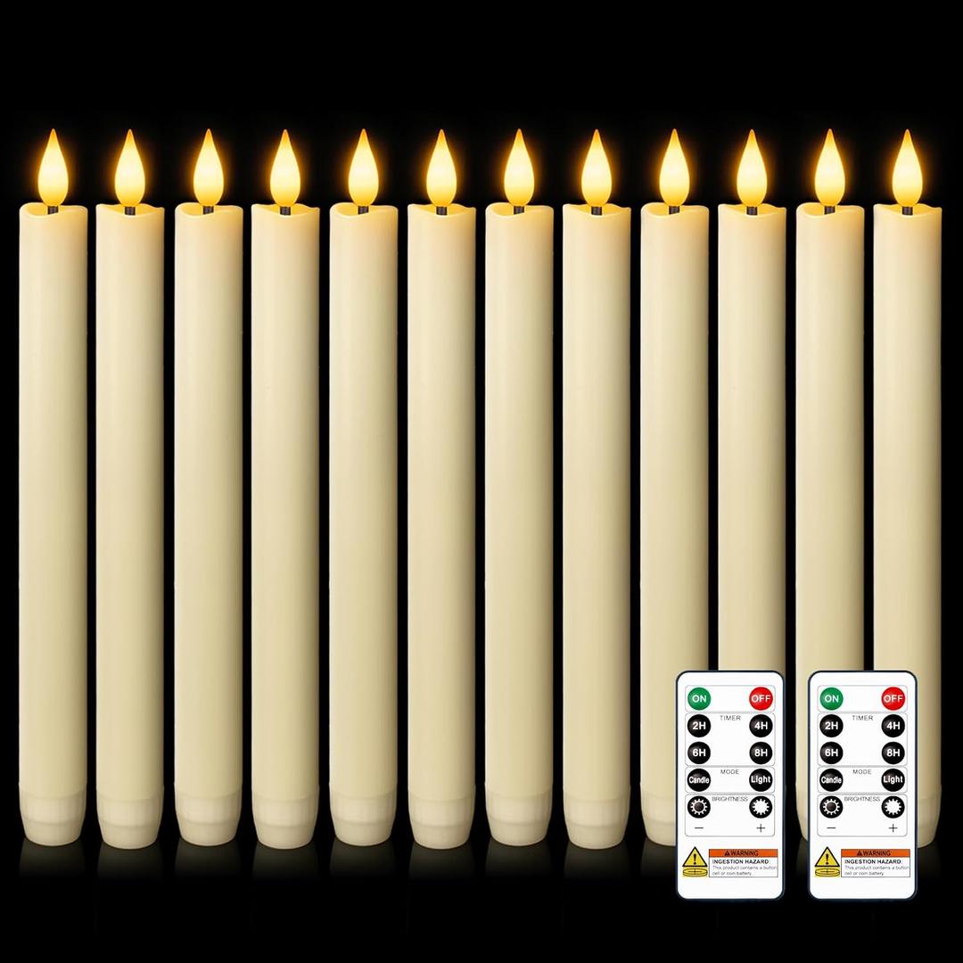 Homemory 12 Pcs Waxy Flameless Taper Candles with Remote, Flickering Battery Operated Taper Candles, Led Flameless Candlesticks Classic Tall Candle for Home, Wedding, Party, Ivory, 9.6 inches
