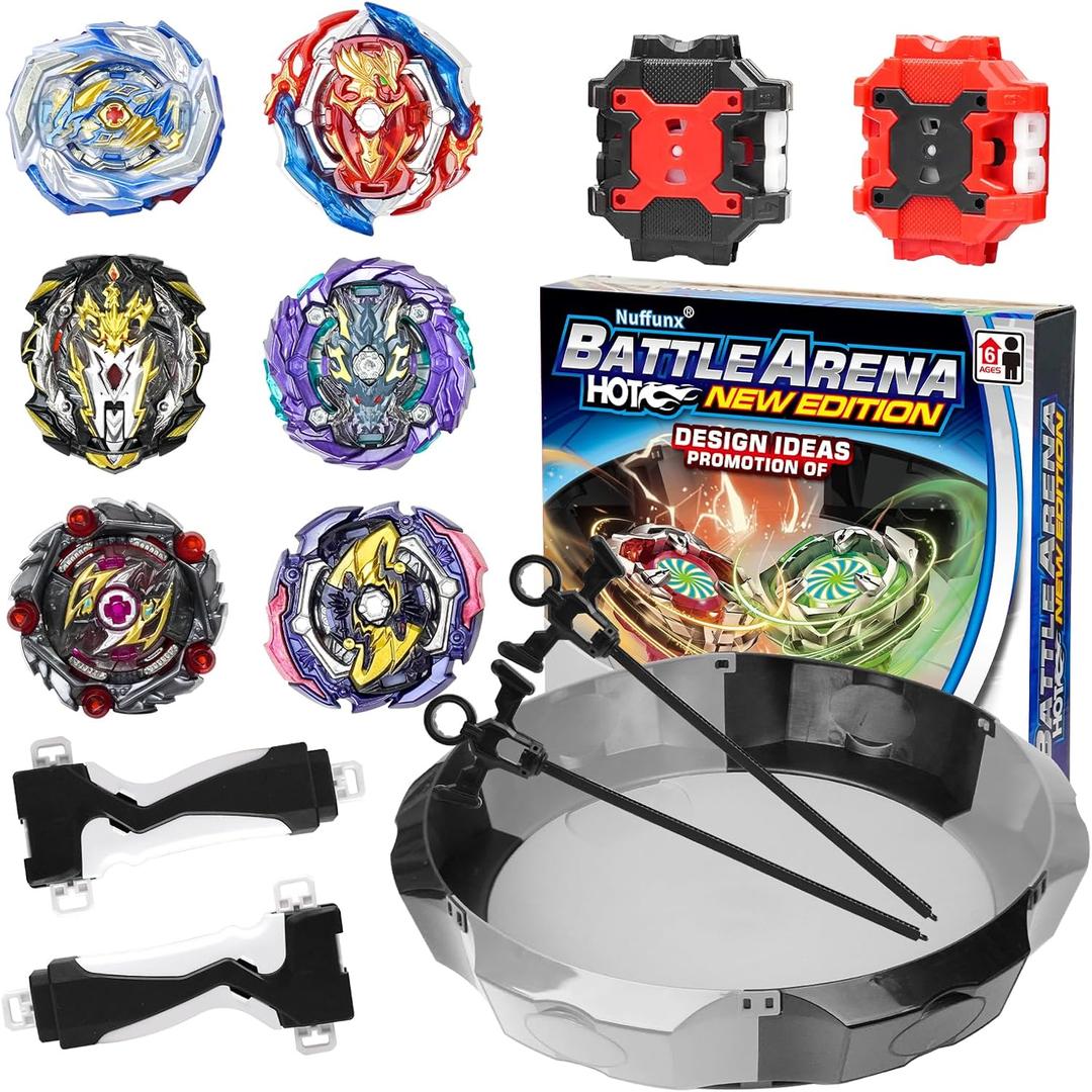 Battle Arena Burst Tops Set with 17.8 Inch Large Stadium, 6 Spinning Tops with Two Launchers, Complete Battle Set (Grey)
