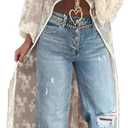 Women Sheer Long Sleeve Lace Duster Robe See Thru Mesh Short Front Long Back Casual Flowy Top Asymmetrical Coverup (L)