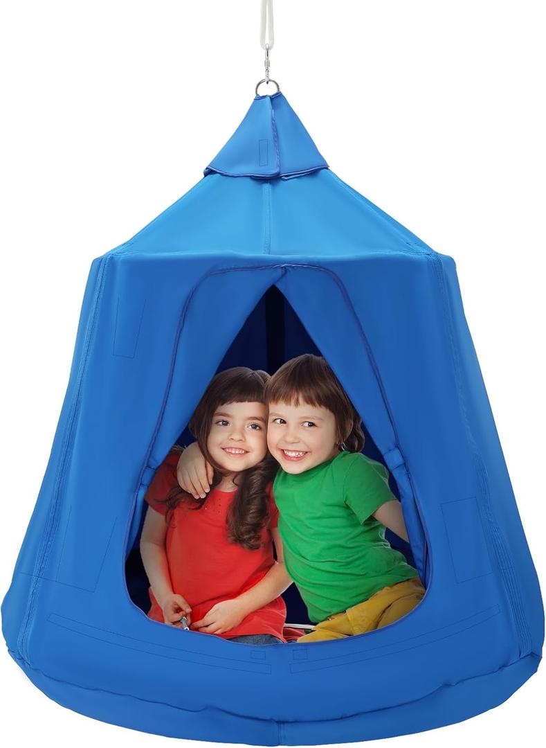 VEVOR Hanging Tree Tent, 330 LBS Capacity Hanging Tent Swing for Indoor and Outdoor Hammock Sensory Swing Chair w/LED Lights String, Inflatable Base, Ceiling Swing Pod Play Tent for Kids & Adults (Blue)