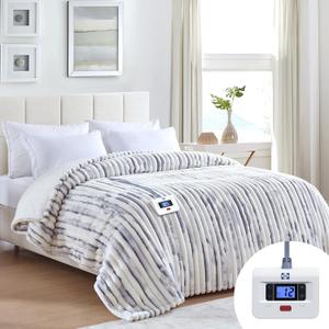Sealy Electric Blanket Full Size 72"*84",Super Cozy Faux Fur to Sherpa Reversible Heated Blanket Full Size with 10 Heating Levels & 1-12 Hours Auto Off Overheating Protection,Blue White