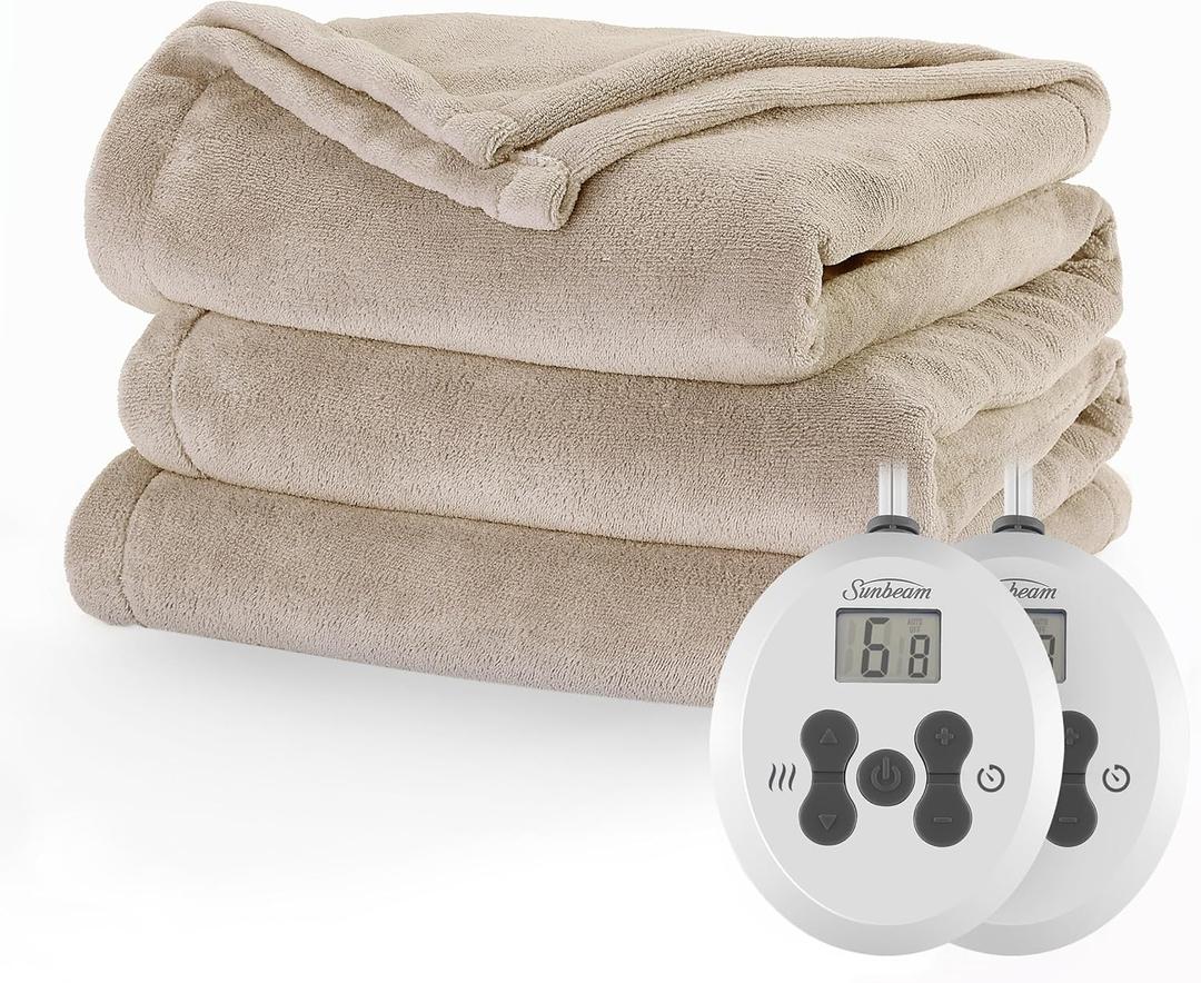 Sunbeam Electric Royal Luxe Microplush Heated Blanket 12 Heat Settings, 12-Hour Selectable Auto Shut-Off, Fast Heating, Warm and Cozy, Sandstone Color, Queen, 90" x 84"