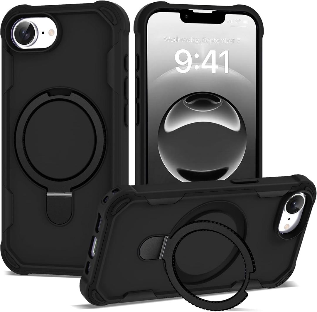 Compatible with iPhone 16e Case 6.1'' with Magnetic Ring Stand [Military Drop Protection][Compatible with MagSafe] Shockproof 16e Phone Case for Men Wowen,Black