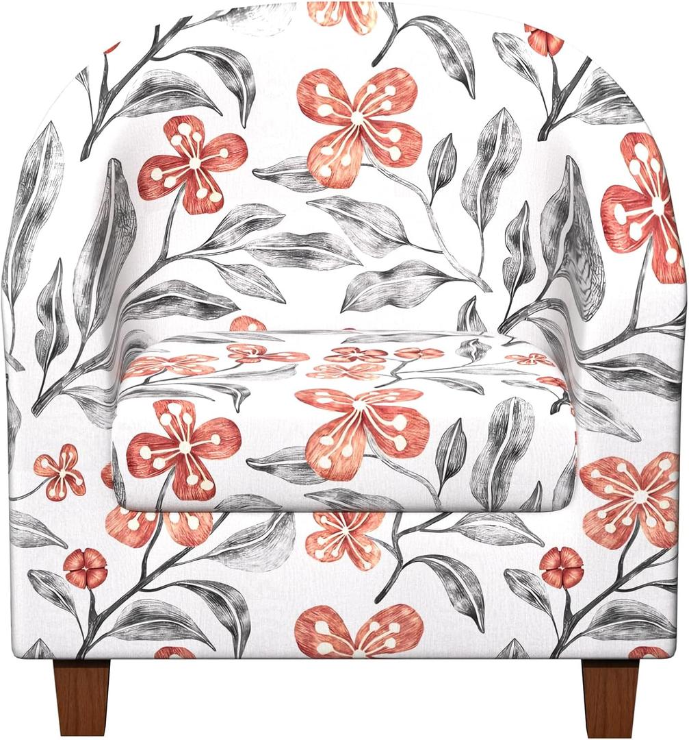 Club Chair Slipcover Printed 2 Piece Round Barrel Chair Cover Tub Armchair Covers with Elastic Bottom Chair Coverings Furniture Protector for Bar Counter (White+red Flower)