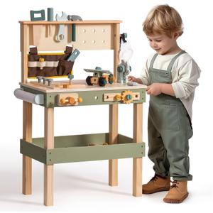 ROBOTIME Wooden Kids Tool Bench, Toddler Tool Bench - Toy Play Workbench Workshop with Tool Belt, Play Tools Set, Drawing Paper for Construction Play, Perfect for Kids Ages 3-5