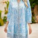 Wenrine Women's Floral Boho Mini Dress 3/4 Long Sleeve V Neck Casual Button Down Shirt Dresses (Blue, S)