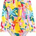 CARMEISON Girls Long Sleeve Swimsuit One Piece Bathing Suit Zipper UPF 50+ Rash Guard Swimwear Yellow Flowers 5T