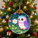 2 x Pixel Art Owl in Flowers Ornaments, Owl Christmas Ornament, Owls Gifts for Women, Owls Decor Bird Ornament 2.75" Glass Decorative Hanging Ornaments