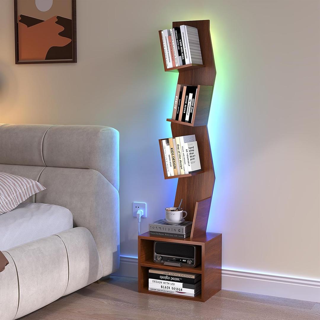 6 Tier Tree Bookshelf,Small Book Shelf with LED Lights,Corner Bookcase,Book Organizer Shelves,Floor Standing Book Shelves for Living Room,Home Office,Living Room,Vintage Rustic Brown