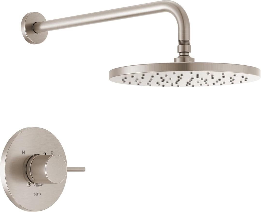 Delta Modern 14 Series Round Rain Shower Faucet Set, Brushed Nickel Shower Head and Handle Set, Valve Trim Kit, Spotshield Stainless T14269-SP-PP (Valve Not Included)