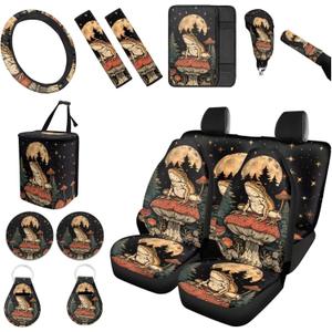 Forchrinse Frog Mushroom Car Seat Covers for Women Mushroom Auto Accessories Set with Steering Wheel Cover Shoulder Armrest Pad Cup Coaster Keychain Trash Can Universal for SUV Truck