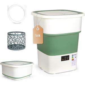 1.8 Cu.Ft Foldable Portable Washer Compact Washing Machine with Spin Dryer, 150W Motor Timer Control for RV, Apartment, Camping, No Hookup Required (White Green)