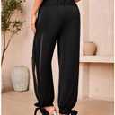 WDIRARA Women's Boho High Waist Split Knot Hem Long Pants Flowy Harem Yoga Pants Dark Black, Large