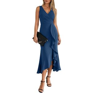 OWIN 2026 Women's Sexy V Neck Sleeveless Faux Wrap Ruched Midi Dress Ruffle Hem Cocktail Party Wedding Guest Bodycon Dress, Grey Blue Small
