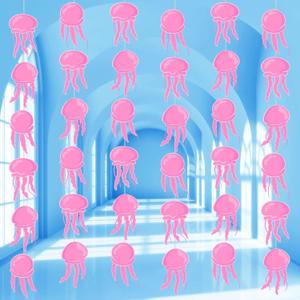 Janlaugh 8 Pcs Pink Jellyfish Party Decorations Under the Sea Garland Banner Ocean Hanging Garland Sea Ceiling Streamers Jellyfish Cutouts for Baby Shower Birthday Photo Props Summer Decor Supplies