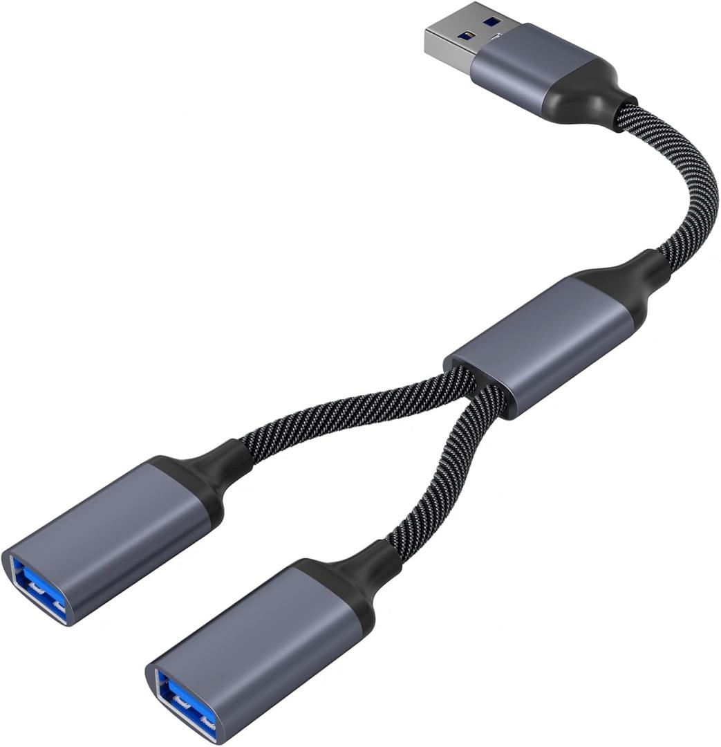 USB Splitter Cable 1 in 2 Out 1FT, USB Male to Dual Female Extension Cord, Double USBA Port Hub Data+Charger Split Adapter for Laptop,PC/Computer,Xbox/PS4/PS5 Game Controller,Keyboard/Mouse Grey