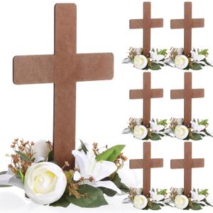 6 Sets Baptism Centerpieces Table Decorations First Communion Wooden Cross Ornament Set with Lily Candle Ring Wreath Purple Ribbon with Stands for Baptism Baby Shower Wedding (Dark Brown)