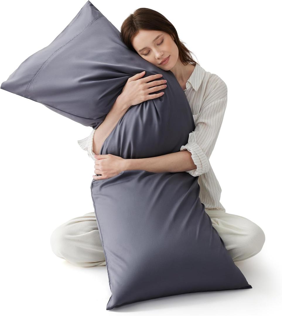 Bedsure Body Pillow Cover, Cooling Body Pillow Pillowcase for Hot Sleepers, Rayon Derived from Bamboo Grey Pillowcase, PureWoven Silky Soft Long Pillow Case Cover with Envelope Closure, 20x54 Inches