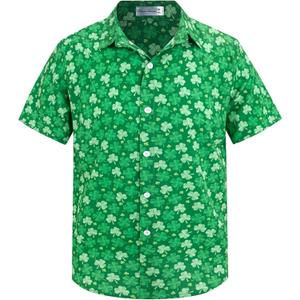 Yoimira Hawaiian Shirts for Boys, Button Down Short Sleeve Tropical Print, Kids Summer Beachwear Tops 7-14 Years (Clover)