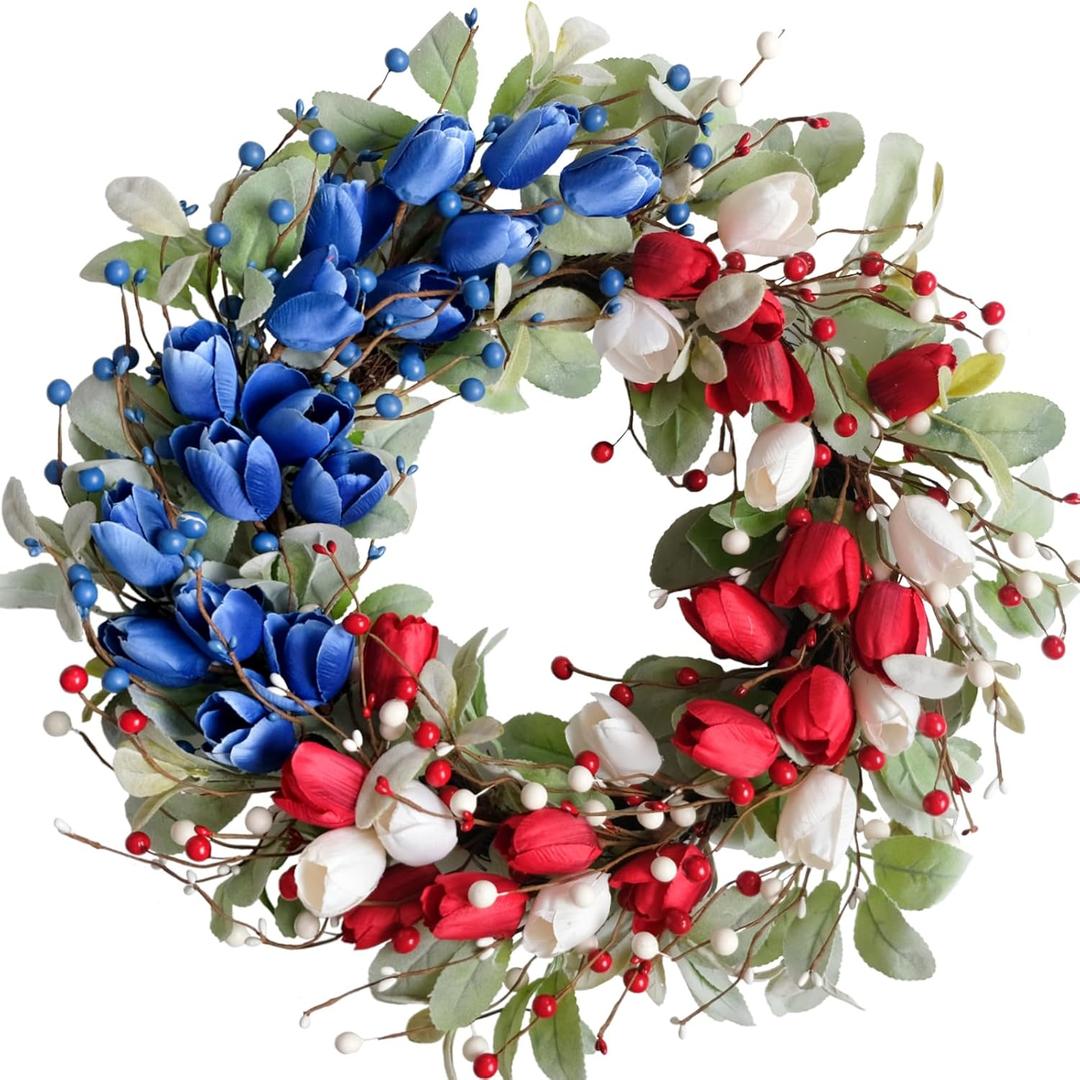 22" Tulip Flower Patriotic Wreaths Red White Blue Decor Memorial Day Independence Day 4th of July Flag Day Wreaths
