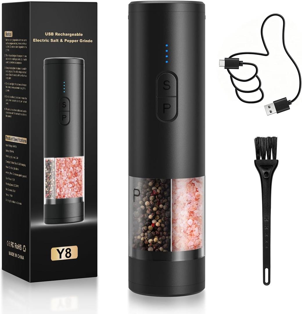 Electric Salt and Pepper Grinder Set Shakers 2 IN 1-Rechargeable Automatic Pepper Mill,with LED Lighting,Adjustable Grinder,Large Capacity-Ideal for Kitchen,BBQ,Ideal Kitchen Gifts (Black)