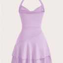 OYOANGLE Women's Sleeveless Halter Ruffle Short Dress Open Back Ruched A Line Holiday Party Dresses (Pink, S)