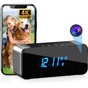 Hidden Camera with Alarm Clock & Bluetooth,Ultra 4K HD Wireless Indoor Camera for Home Security,WiFi Mini Nanny Cam with Night Vision,Motion Detection,Remote Live Stream