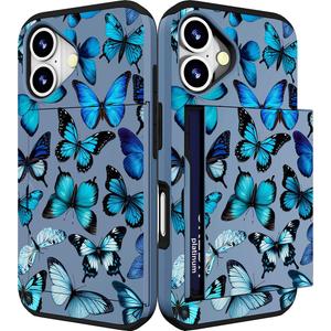 Compatible for iPhone 16 Case Cute with Card Holder Shockproof Slim Slot Phone Wallet Cover for Women/Blue Butterflies Bright Animals Beautiful Theme Ornament