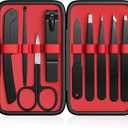 Yougai Tweezers Set,9 Pcs Professional Stainless Steel Tweezer Kit-Great Precision Eyebrow Tweezers for Ingrown Facial Hair with Leather Travel Case as Stocking Stuffing Gifts (Black and Red-01)