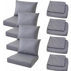 4 Pack Patio Cushion Covers Only, Outdoor Deep Seat Cushion Covers 24x24x4 Inch and Back Pillow Covers 24x20 Inch, Waterproof Fade-Resistant Replacement Slipcovers with Side Zipper (Light grey)