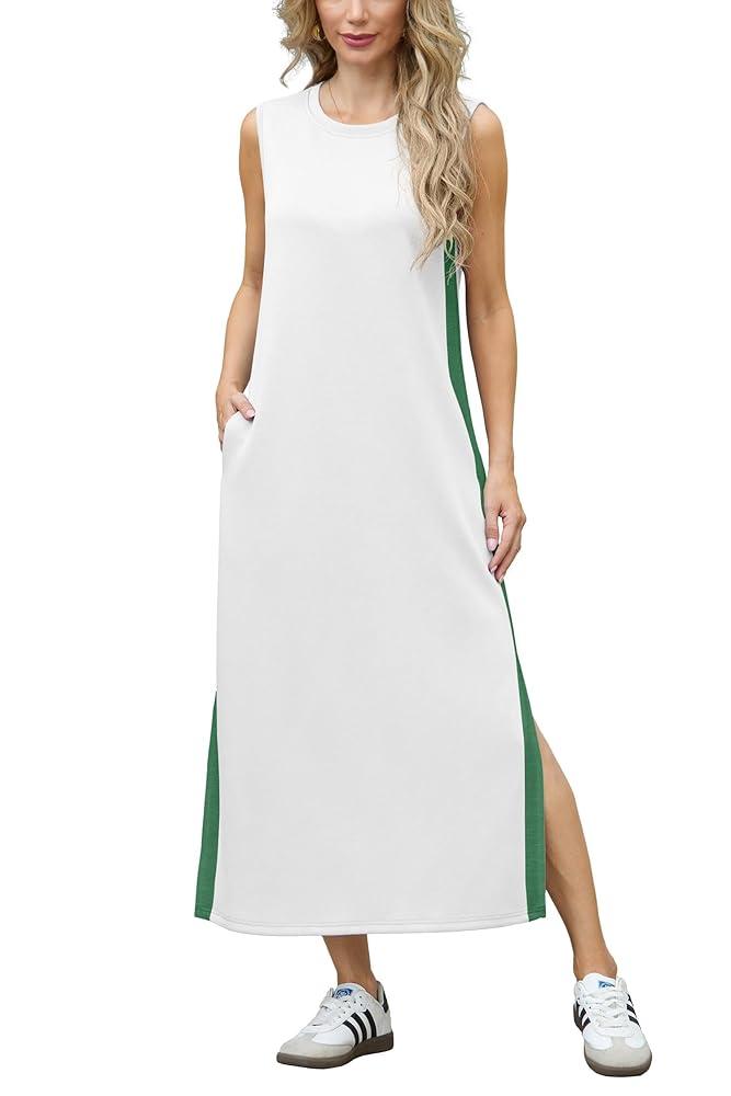 GRECERELLE 2025 Women Summer Color Blocking Round Neck Sleeveless Casual Wrinkle-Free Side Split Maxi Dress with Pockets M