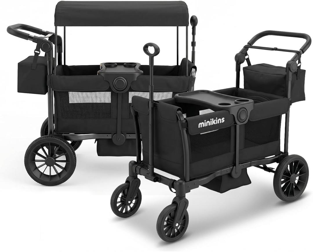 Wagon for Kids, 2-Seater Stroller Wagon with Removable Canopy, All Terrain Tires, Foldable, Adjustable Push & Pull Handle, Storage Bag, Black