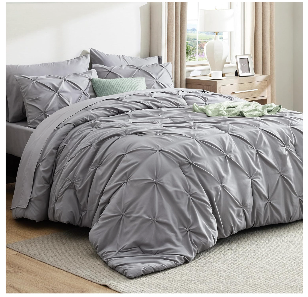 Bedsure Queen Comforter Set Grey - Bed in a Bag Queen Size Bedding 7 Pieces, GentleSoft™ Pintuck Bed Set Gift for Family, All Season Down Alternative Comforter with Sheets, Pillowcases & Shams