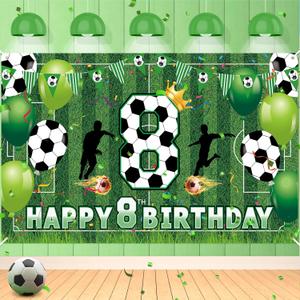 Soccer 8th Birthday Party Decorations - Happy Birthday Banner for Boys, Kids, Teens - Large Sport Themed Football Anniversary Party Supplies
