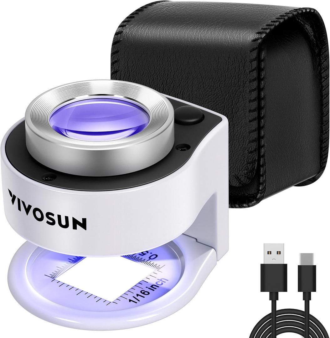VIVOSUN 30X Rechargeable Loupe, Portable Mini Magnifier, Desktop Magnifying Glass with 3 LED & 3 UV Lights, for Jewelry, Gems, Watches, Coins, Stamps, White