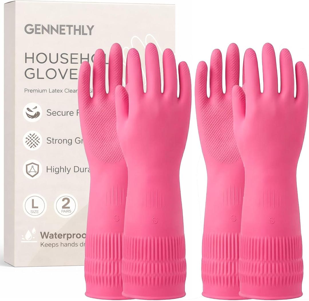 Gennethly Rubber Dishwashing Gloves, 2 Pairs, Reusable Cleaning Dish Gloves for Kitchen, Non-Slip, Waterproof Dish Washing, Long Cuff for Woman (Red, Medium)