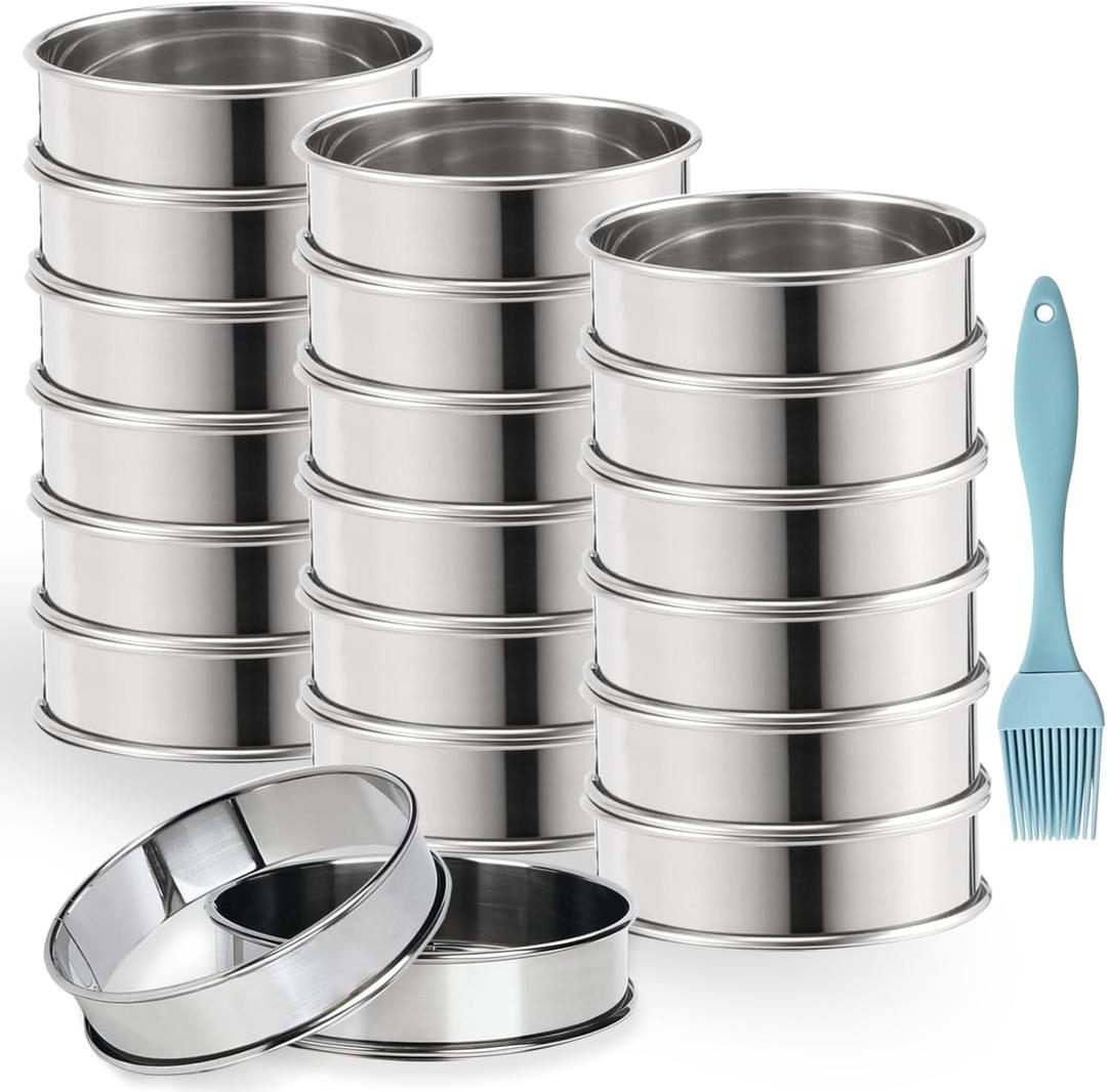 20 PCS Crumpet Rings Molds 3 Inch Round Metal English Muffin Molds with Silicone Brush Stainless Steel Crumpet Rings Nonstick Double Rolled Tart Ring for Home Food Making Tool
