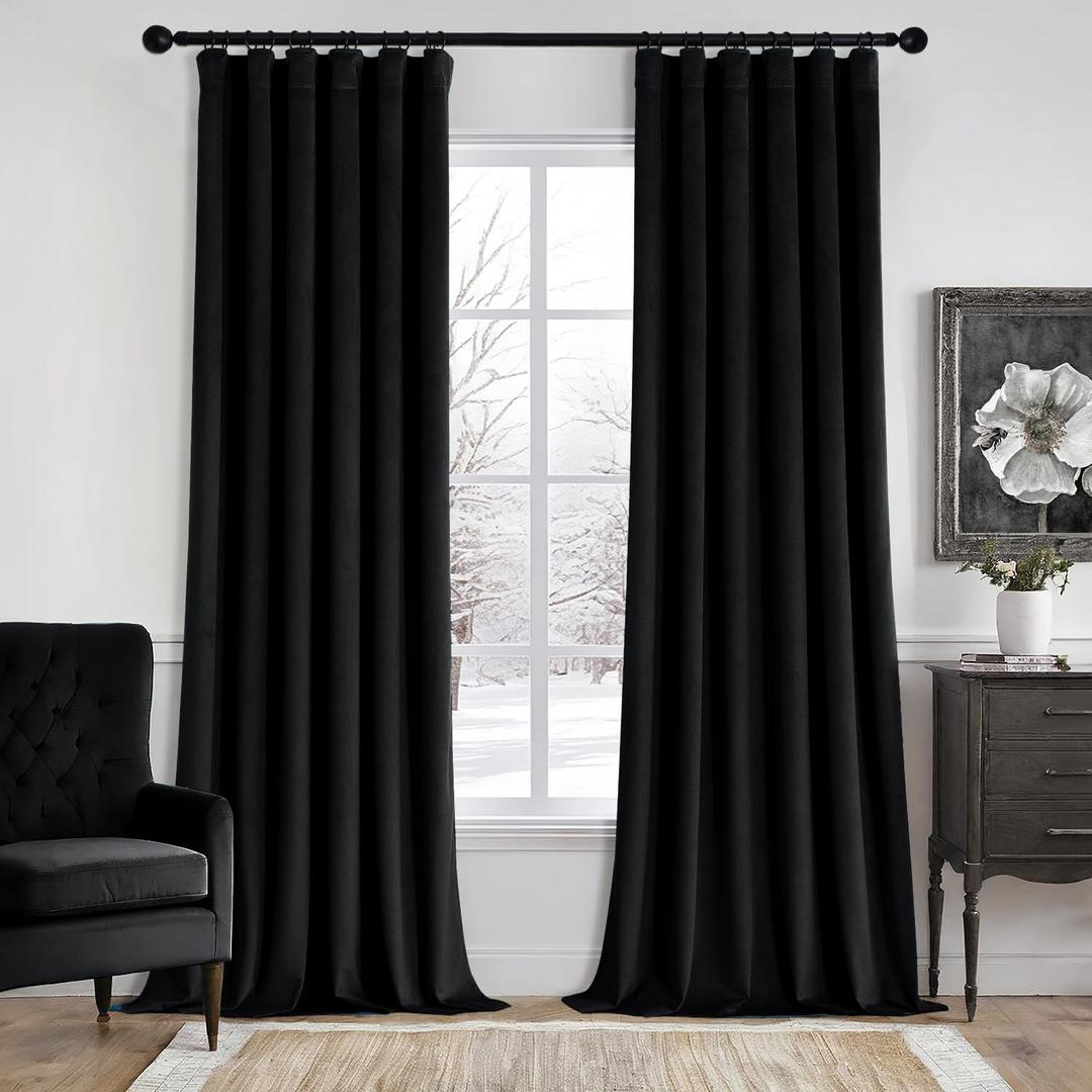 MIULEE Velvet Curtains 96 Inches Long 2 Panels Set for Bedroom, Pinch Pleat Back Tab Thermal Insulated Living Room Darkening Drapes Pleated Blackout Floor to Ceiling Curtains with Hooks, Black