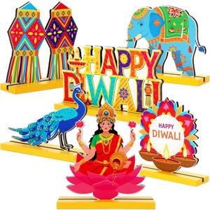 Jansun 6 Pack Diwali Wooden Centerpieces, Happy Diwali Table Sign Diwali Light Centerpieces Festival Decorations for Party Home Desk Decor (Orange Yellow)