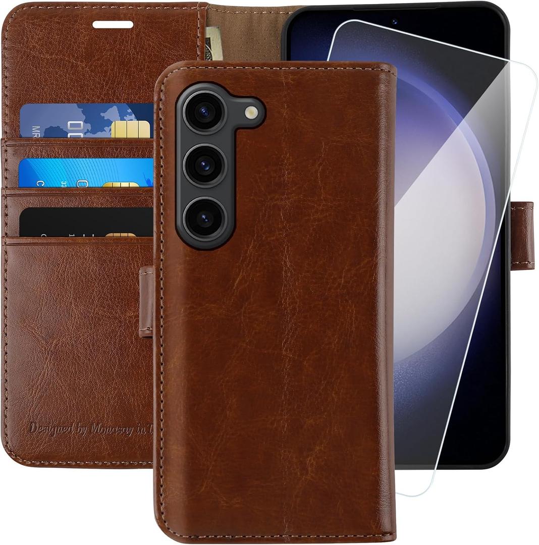 MONASAY Wallet Case Brown Compatible for Galaxy S23 5G | RFID Blocking, Flip Folio, Leather, Cell Phone Cover, Credit Card Holder, 6.1 inch