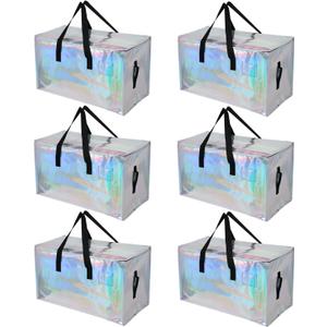 6 Pack Moving Bags Heavy Duty, Extra Large Moving Bags, Moving Supplies, Storage Bags with Handles and Zippers, Waterproof Totes for Storage Saving Packaging Shipping and Travel(Laser Silver)