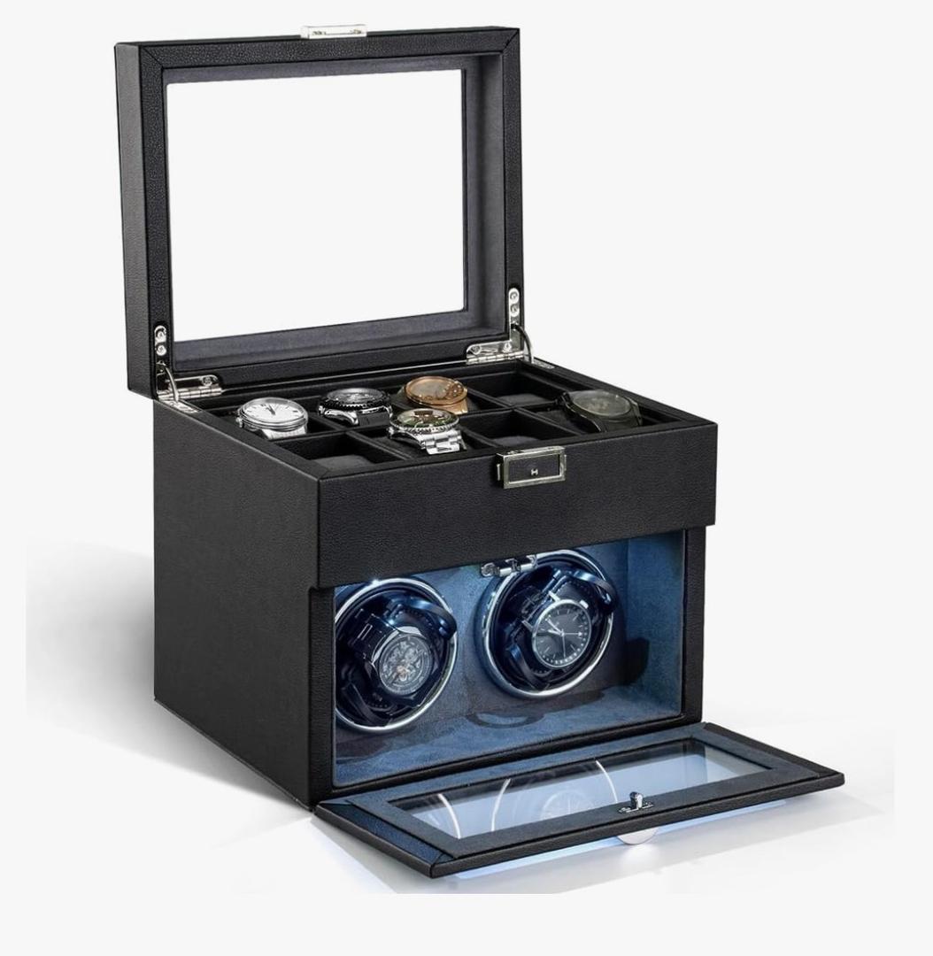 Automatic Watch Winder,Double Watch Winder and 8 Extra Storage Display Box with LED Light,Japanese Quiet Motor,Adjustable Watch Pillows,AC Adapter,Father’s Day Gift for Men