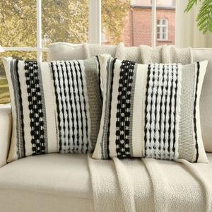 FUTEI Pack of 2 Boho Chenille Decorative Throw Pillow Covers 18x18 Inch Soft Plush Tufted Striped Textured Cushion Case,Farmhouse Accent for Couch Bed Living Room, Black White