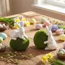 Yookeer 2 Set Easter Bunny Green Mossy Eggs Flocked Table Decor 7 Inch Farmhouse Spring Easter Tabletop Decorations White Gloss Bunny Figurines with Green Moss Eggs for Spring Tabletop Centerpiece